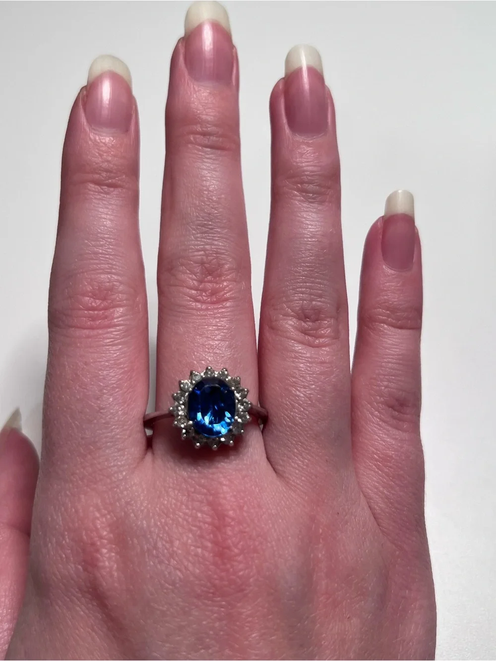 925 Sterling Silver Blue Oval Rhinestone Halo Ring Signed Size 9